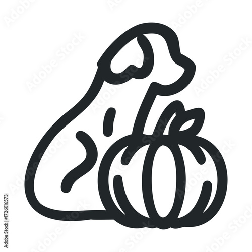 Dog sitting beside a pumpkin in a fall setting for seasonal decor. Vector black icon