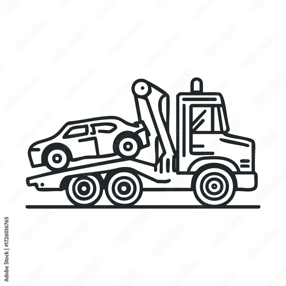 Naklejka premium Towing service with a truck transporting a vehicle in action. Vector black icon