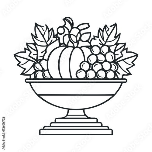 Bountiful harvest arrangement with fruits and leaves in bowl. Vector black icon
