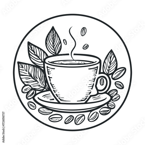 Coffee cup with steaming beverage and coffee beans design. Vector black icon