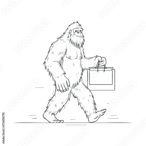 Sasquatch carrying a shopping bag in a forest setting. Vector black icon