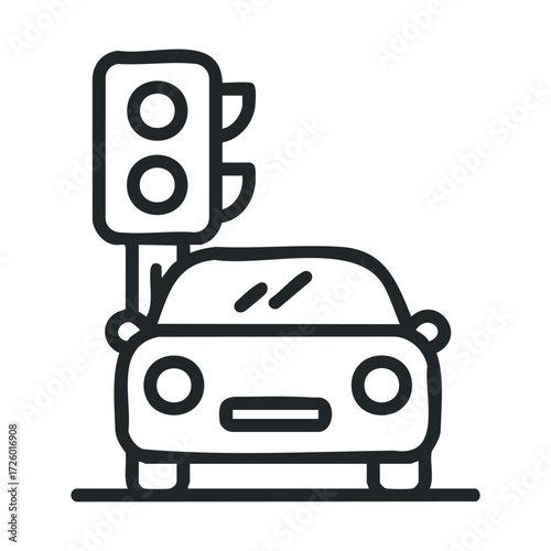 Traffic light and car at an intersection for road safety. Vector black icon