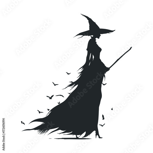 Mysterious witch silhouette in a haunting landscape with birds. Vector black icon