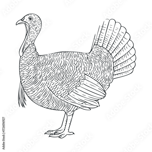 Detailed sketch of a turkey for festive gatherings and decorations. Vector black icon