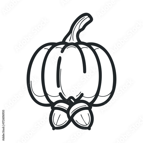 Pumpkin and acorns for autumn celebrations and seasonal decor. Vector black icon