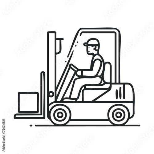 Forklift operation in a warehouse with skilled worker handling cargo. Vector black icon