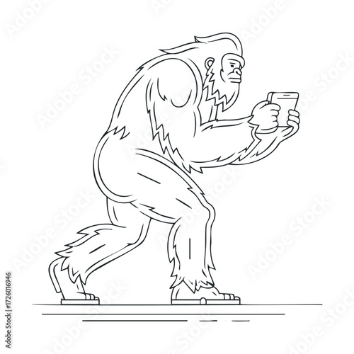 Mythical creature using smartphone while walking in an urban setting. Vector black icon