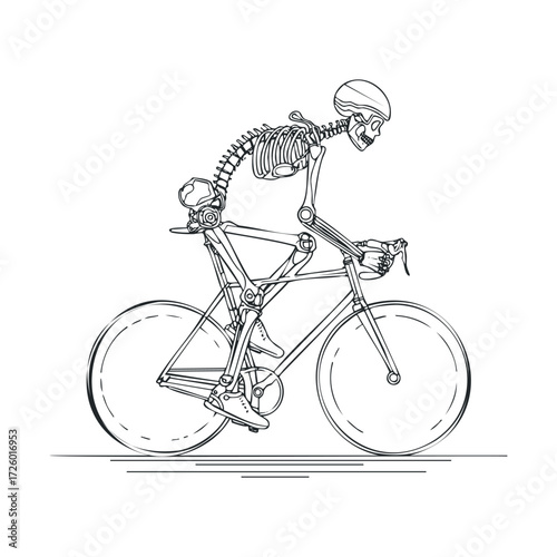 Skeleton riding a bicycle demonstrating movement in cycling exercise. Vector black icon