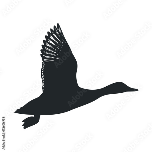 Flying duck silhouette suitable for design and decoration. Vector black icon