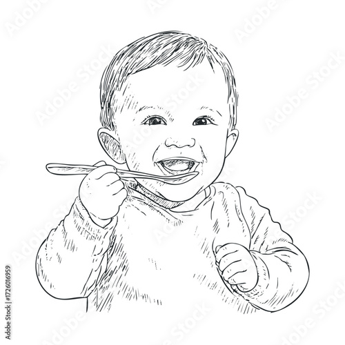 Happy baby enjoying meal time with spoon at home. Vector black icon