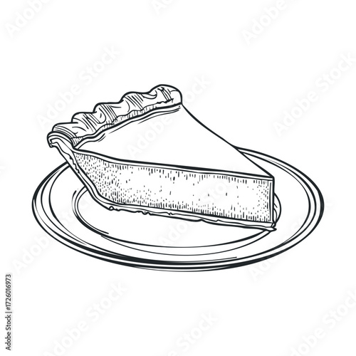 Homemade pie slice on a decorative plate ready for dessert. Vector black icon