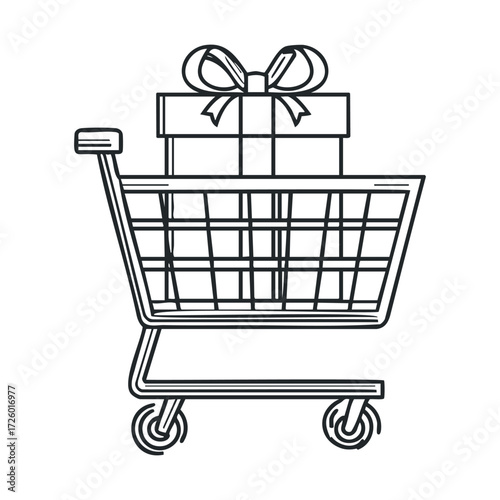 Shopping cart with gift box for holiday celebrations and sales. Vector black icon