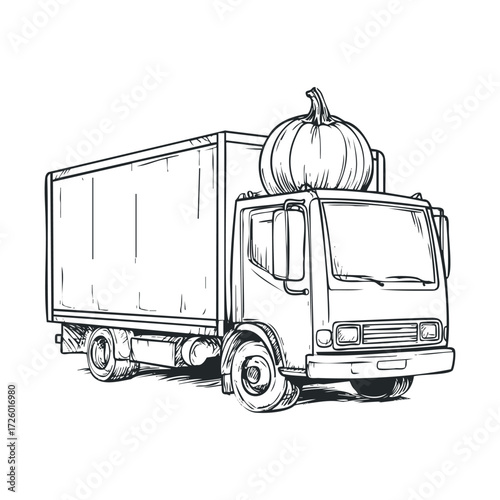 Pumpkin delivery truck for autumn harvest celebration. Vector black icon