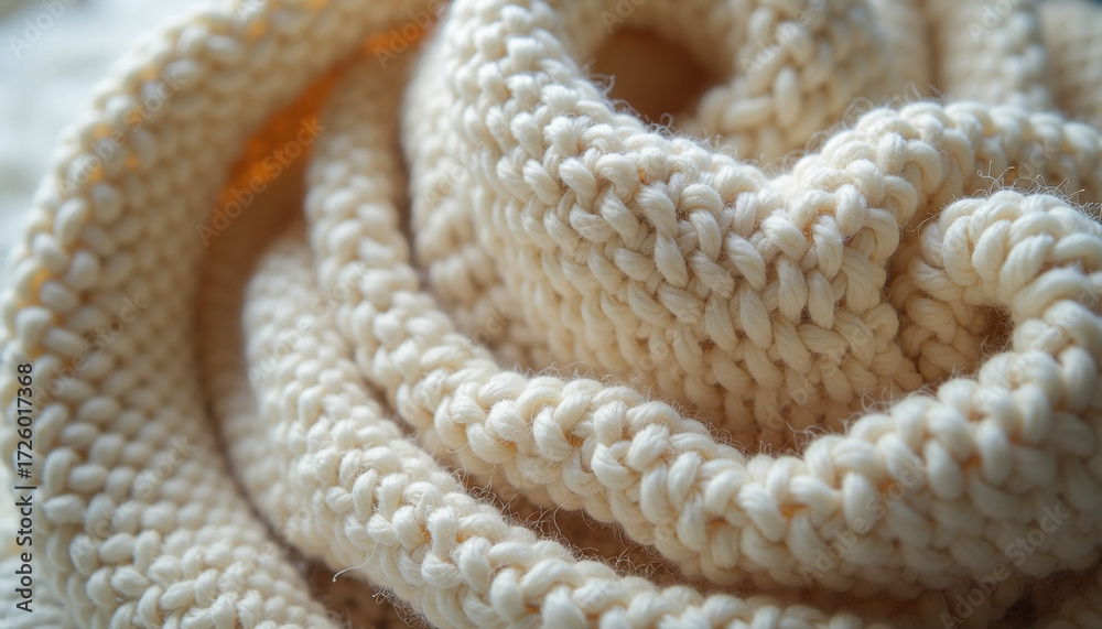 Fototapeta premium Soft knitted fabric in creamy color arranged in a gentle swirl, showcasing texture and details. This handmade fabric evokes warmth and comfort,