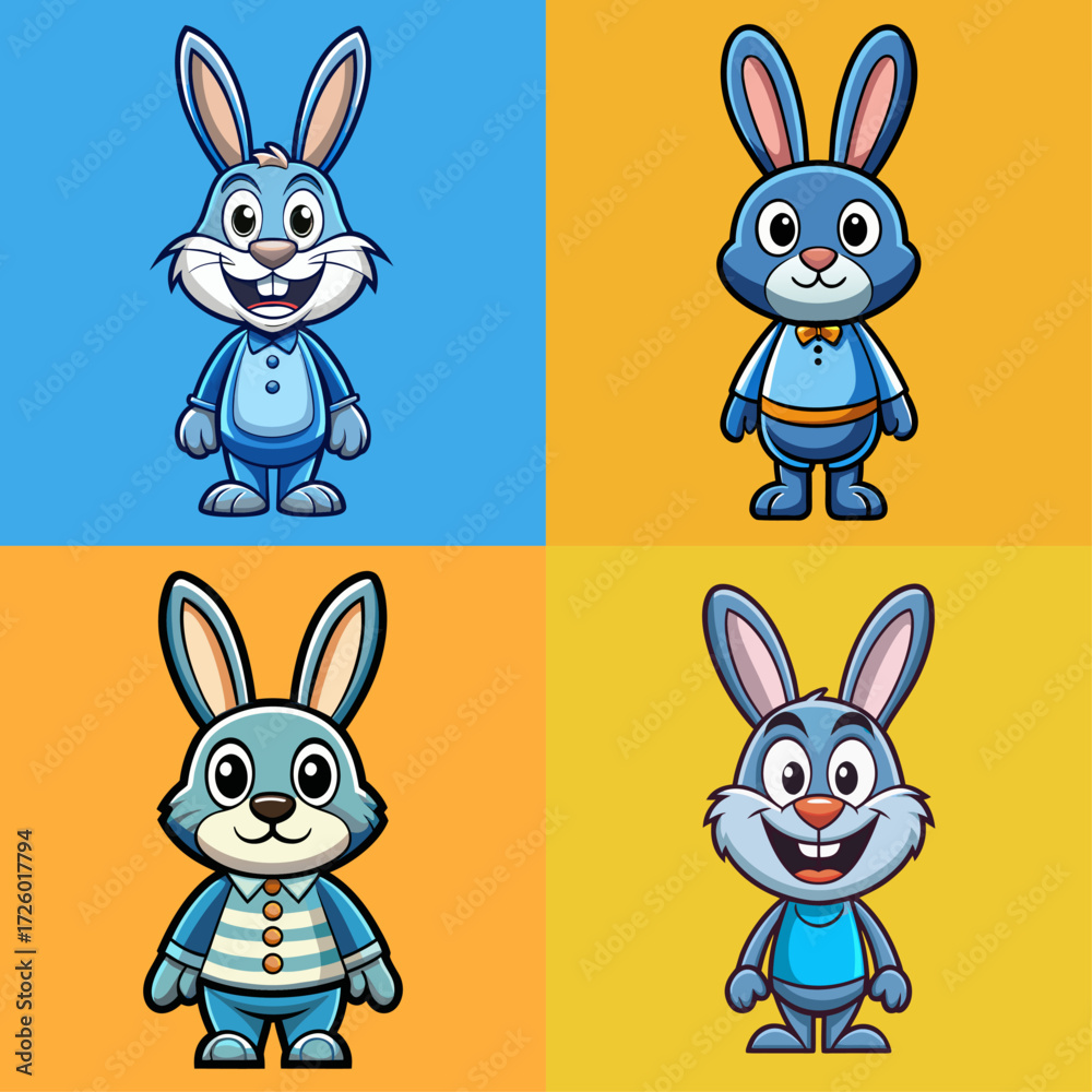 Fototapeta premium Four adorable cartoon rabbits with big ears and friendly smiles standing in different poses against colorful backgrounds