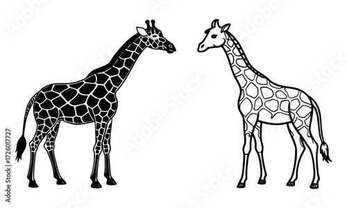 Two stylized giraffes facing each other one filled silhouette and one outline illustration on white background