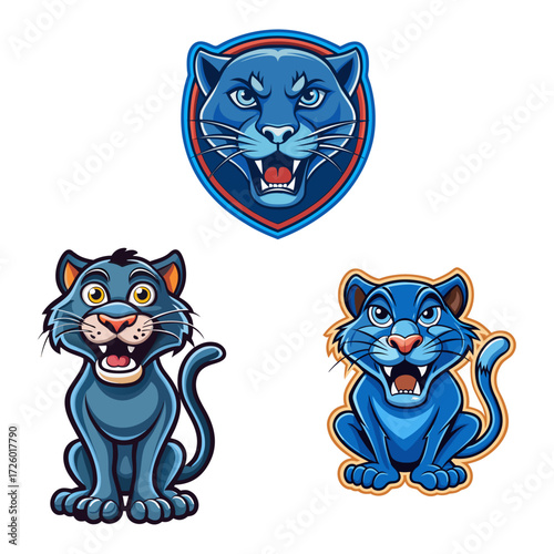 Three stylized cartoon illustrations of blue panthers or black cats with fierce expressions and playful stances on a white background