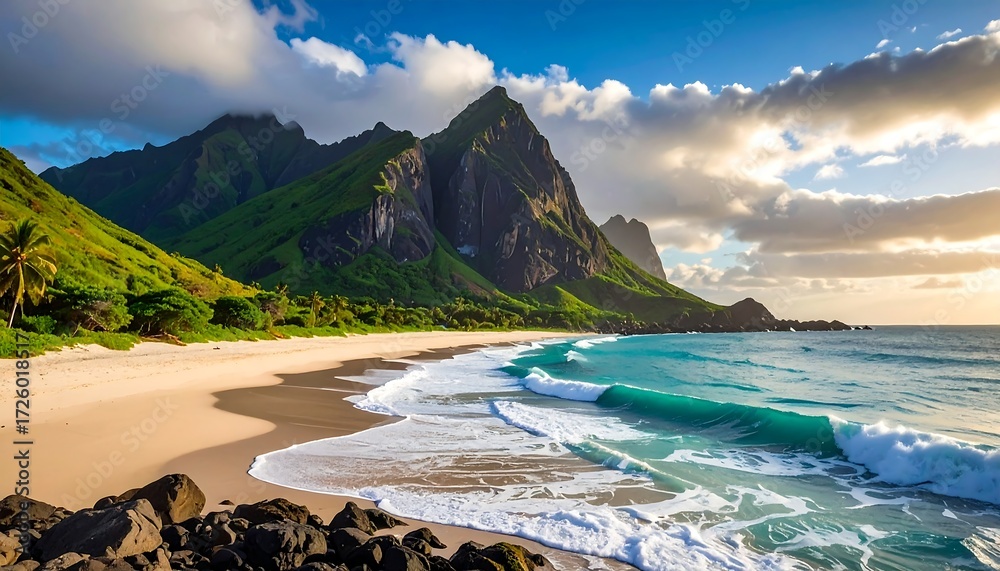 Naklejka premium Tropical beach with dramatic mountains