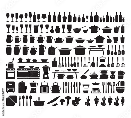 Collection of kitchenware and utensils silhouettes for culinary design