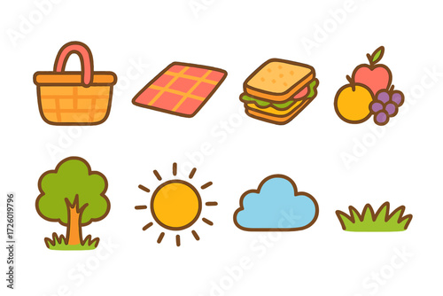 Colorful picnic icons set: basket, food, nature elements for outdoor themes