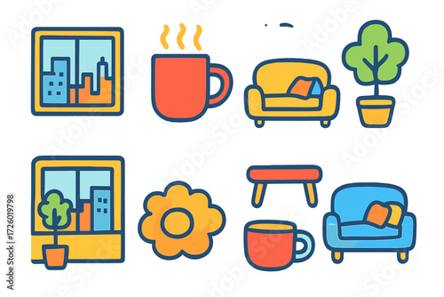 Cozy home icons set in colorful modern flat style for urban living spaces