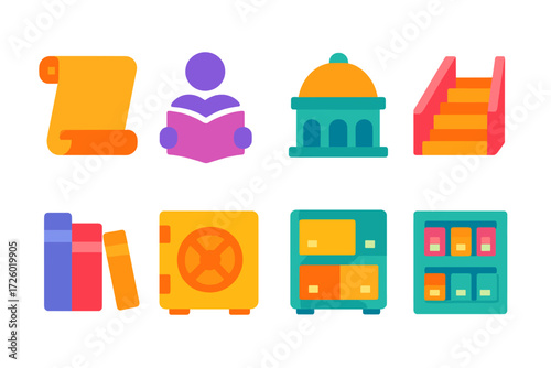 Colorful neon icons for library and education themes