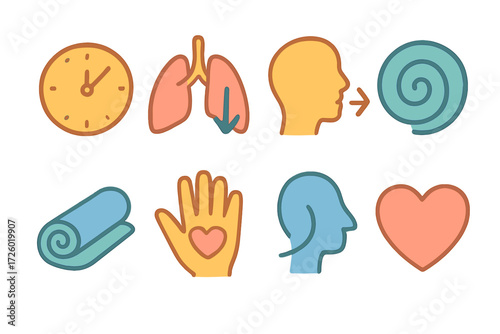 Colorful wellness icons set: mindfulness, health, and relaxation symbols