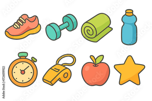 Colorful cartoon fitness icons featuring shoes, dumbbell, yoga mat, water bottle, and more