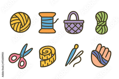 Crafting icons: cute and colorful knitting and sewing tools set