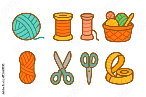 Cozy craft icons with yarn, spools, and tools on warm background