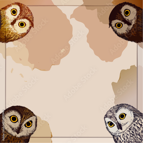 wise owl border—pale cream watercolor frame with tiny owls, dusty rose splatters, and stippled plumage