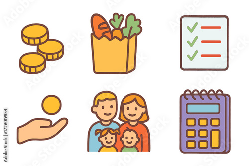 Family budget planning icons with financial and grocery themes