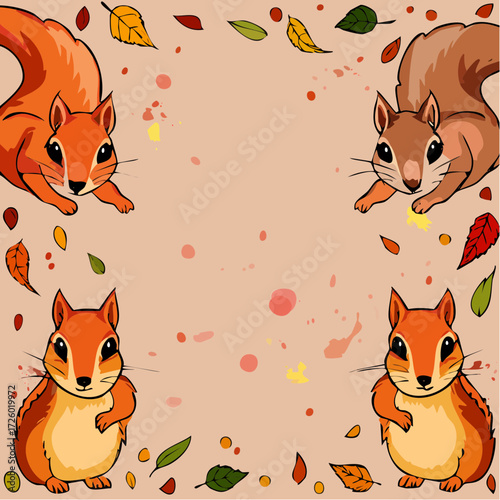 friendly squirrel border—soft apricot frame with bushy-tailed squirrels, sienna splatters, and leaf-green accents