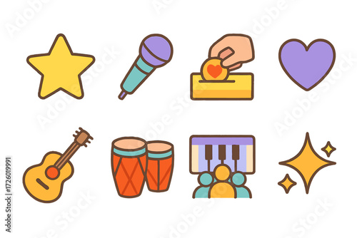 Colorful music and charity symbols on a glowing background