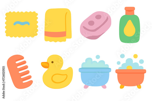 Colorful bath time essentials in neon paper cut style