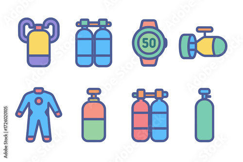 Colorful flat diving equipment icons on gradient background