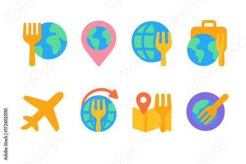 Neon travel and dining icons set with map and globe motifs