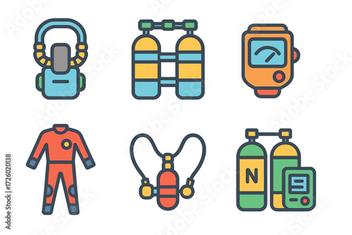 Scuba diving equipment icons in colorful linear style