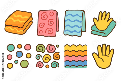 Colorful hand-drawn towel and hand designs with swirls and waves on brown gradient background
