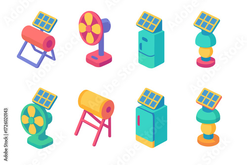 Isometric renewable energy devices set with solar panels and retro aesthetic