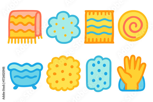 Colorful spa elements with towels and sponges in neon style