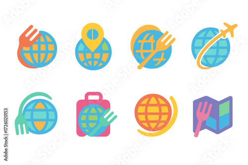 Vibrant neon icons of global travel and dining for modern digital design