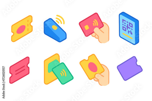 Vibrant isometric contactless payment icons with neon glow effect