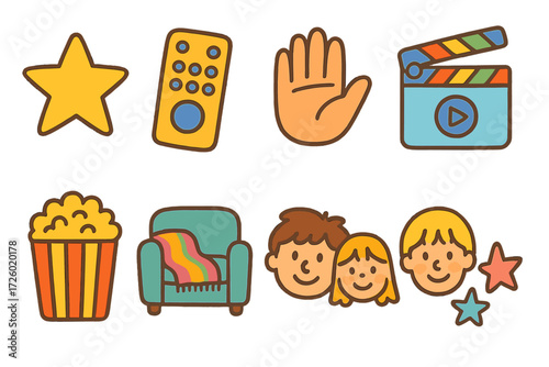 Cozy movie night icons with popcorn and family fun elements