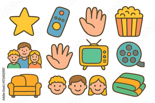 Family movie night icons: couch, tv, popcorn, remote, smiling faces