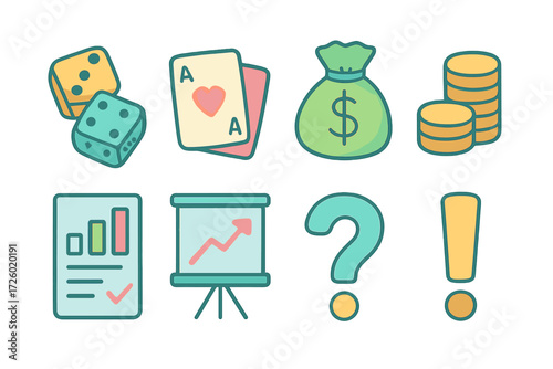 Colorful stylized icons of games and business on gradient background