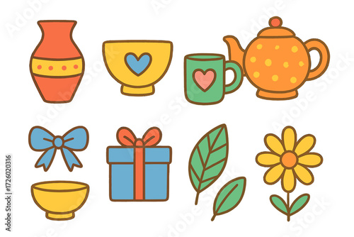 Colorful doodle style kitchenware and gift elements on warm background