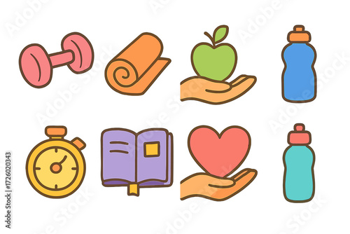 Hand-drawn fitness and wellness icons - weights, yoga mat, apple, water bottle, stopwatch, book, heart