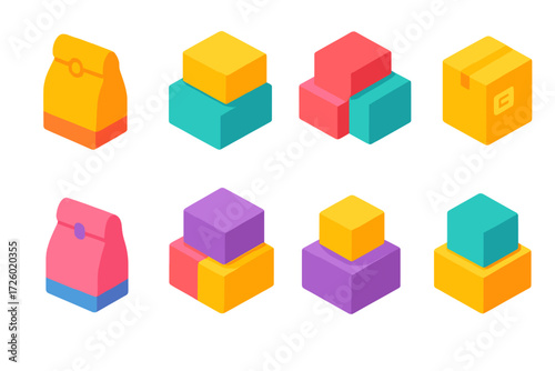 Vibrant neon 3d boxes and chests in gradient light