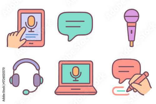 Colorful podcast and recording icons for digital media